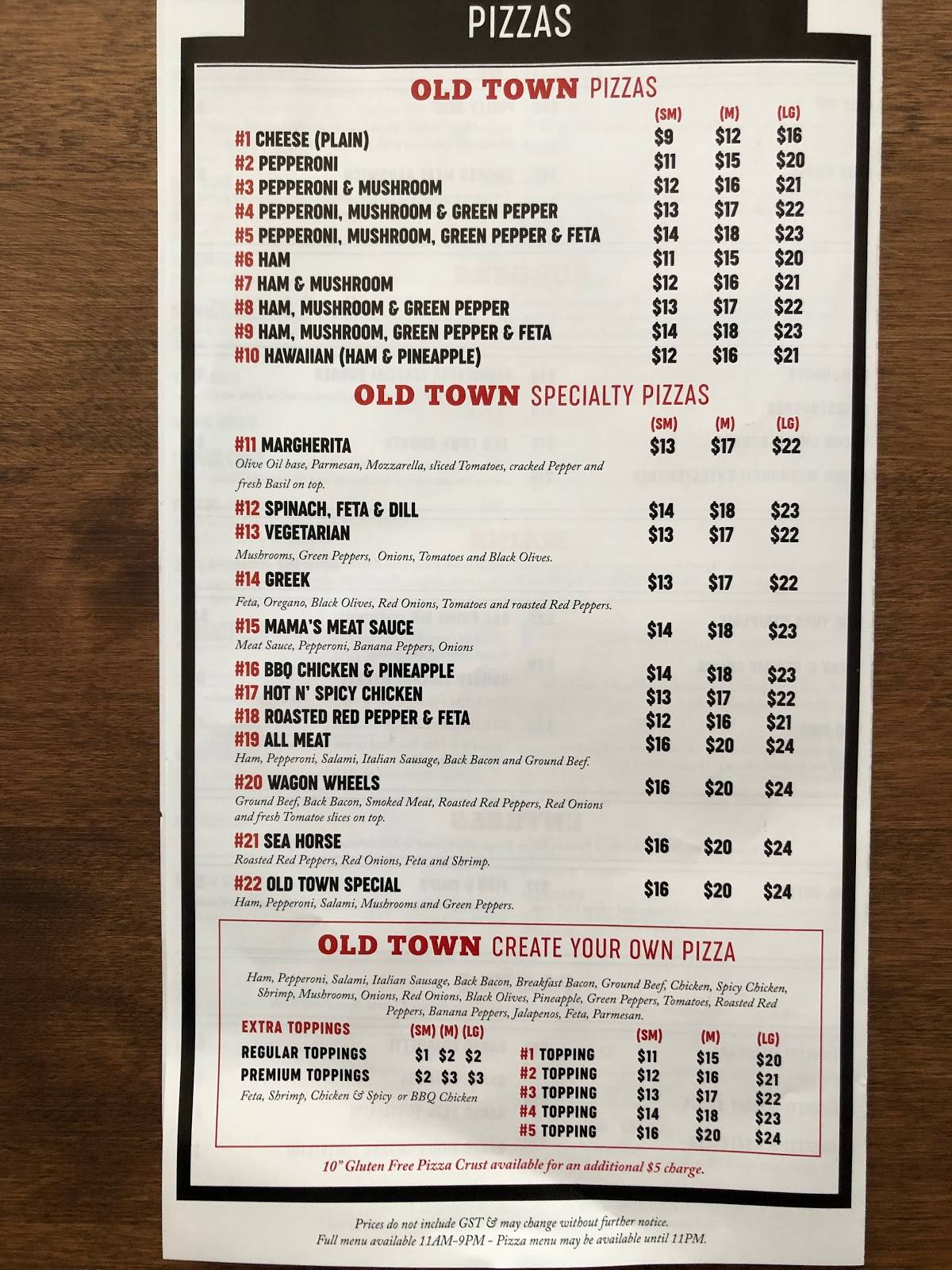 Menu At Old Town Pizza House Bar Grill Airdrie