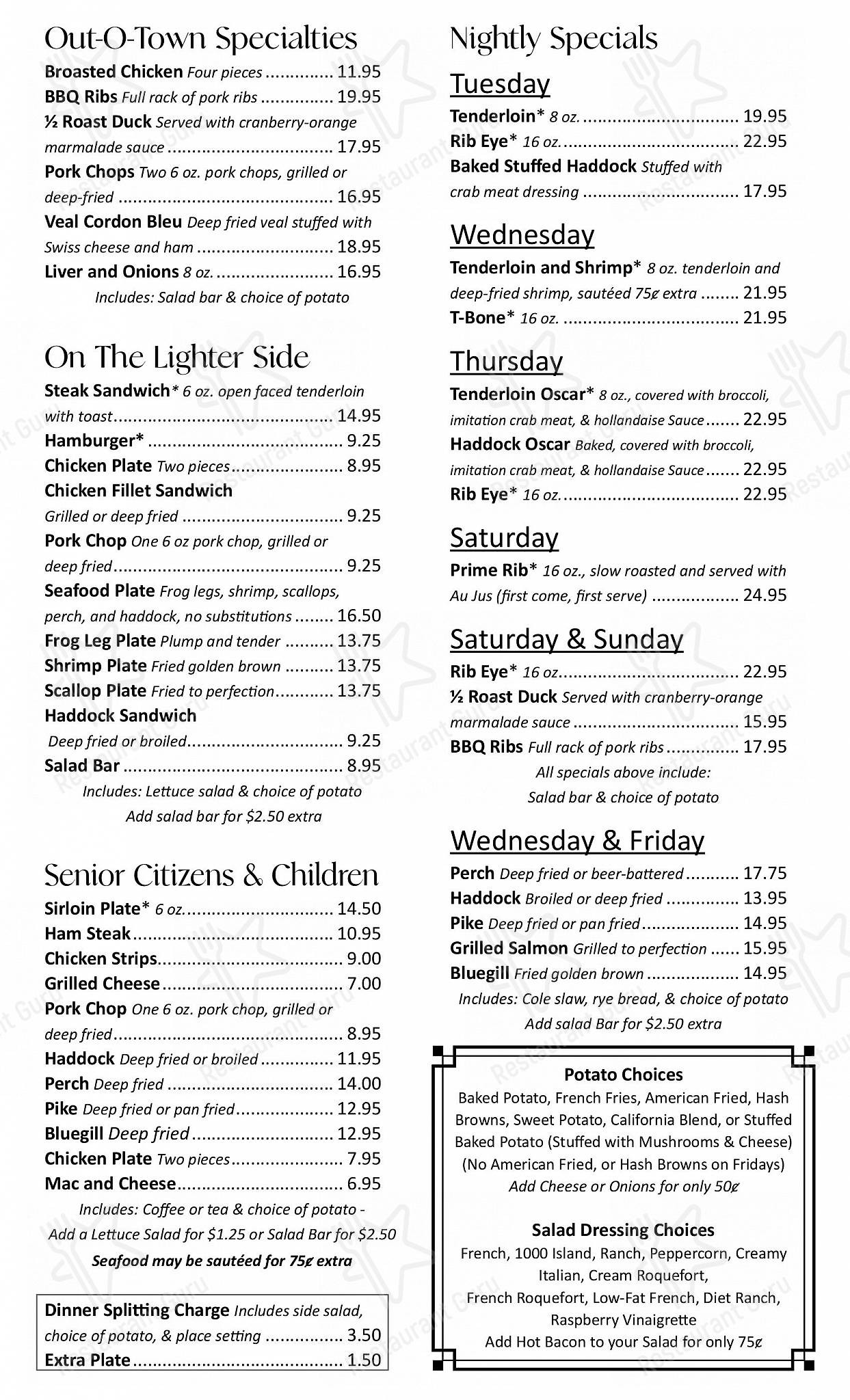 Menu at Out-O-Town Supper Club, Kaukauna