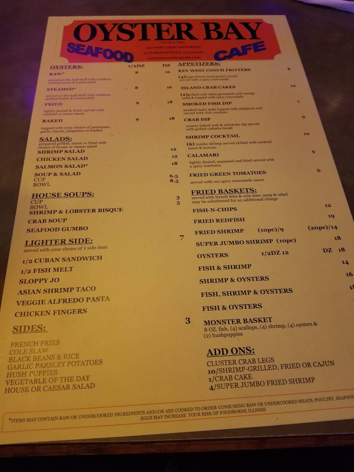 Menu at Oyster Bay Seafood Cafe, Lawrenceville