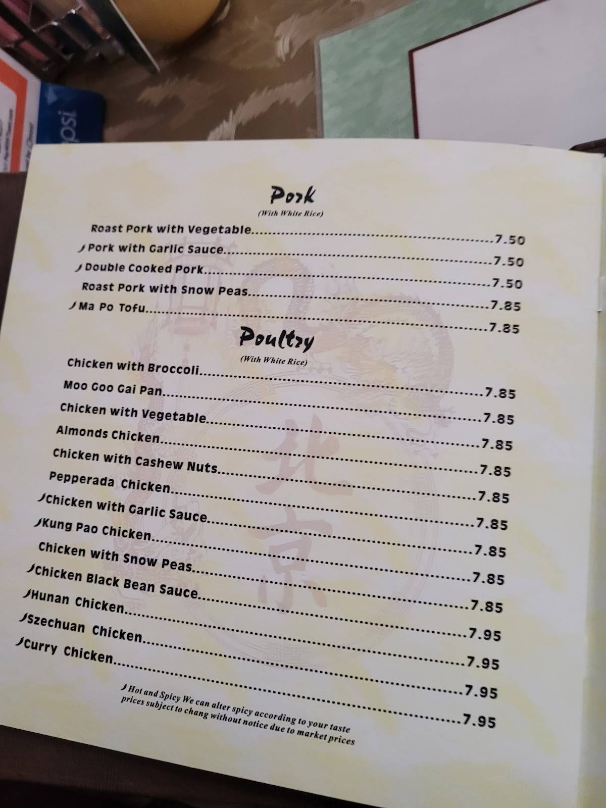 Menu at Peking Chinese Restaurant, Tomah