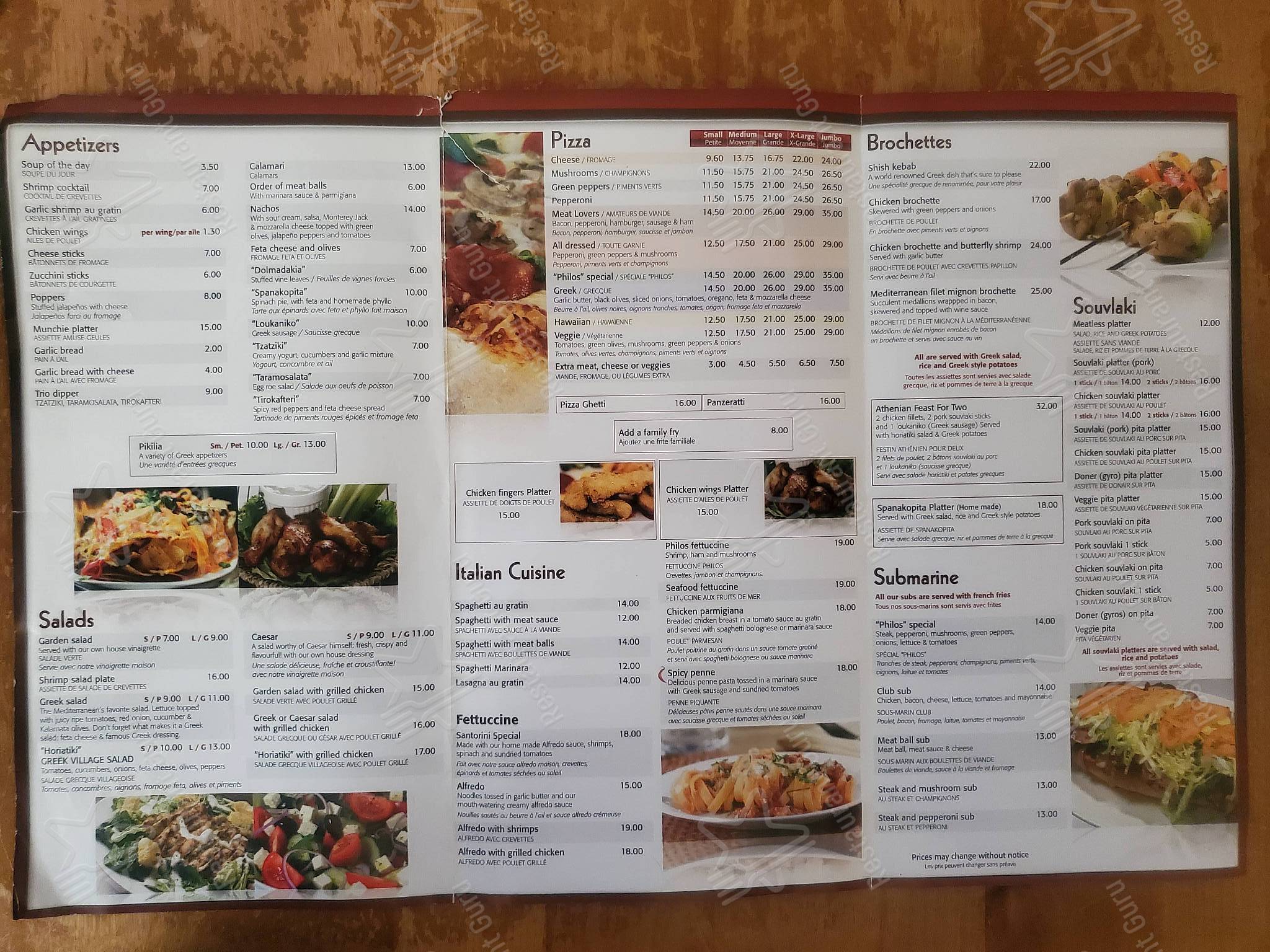 Menu at Philos Greek Cuisine and Pizzeria, Cornwall