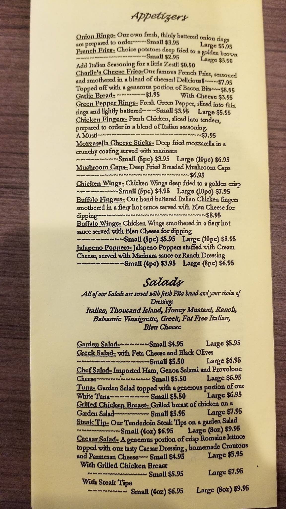 Menu at Charlie's of Rochester pizzeria, Rochester