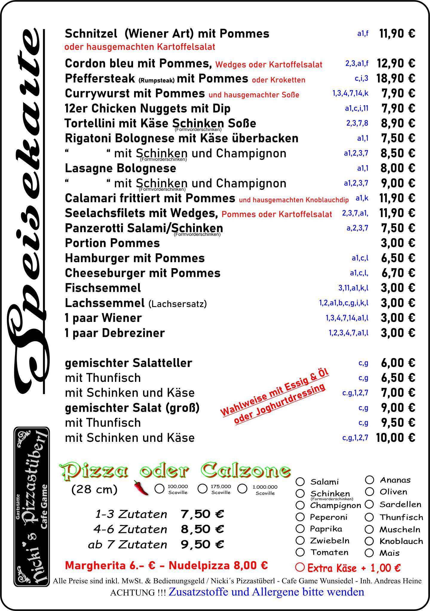 Speisekarte von Nicki’s Pizzastüberl / Cafe Game, Wunsiedel