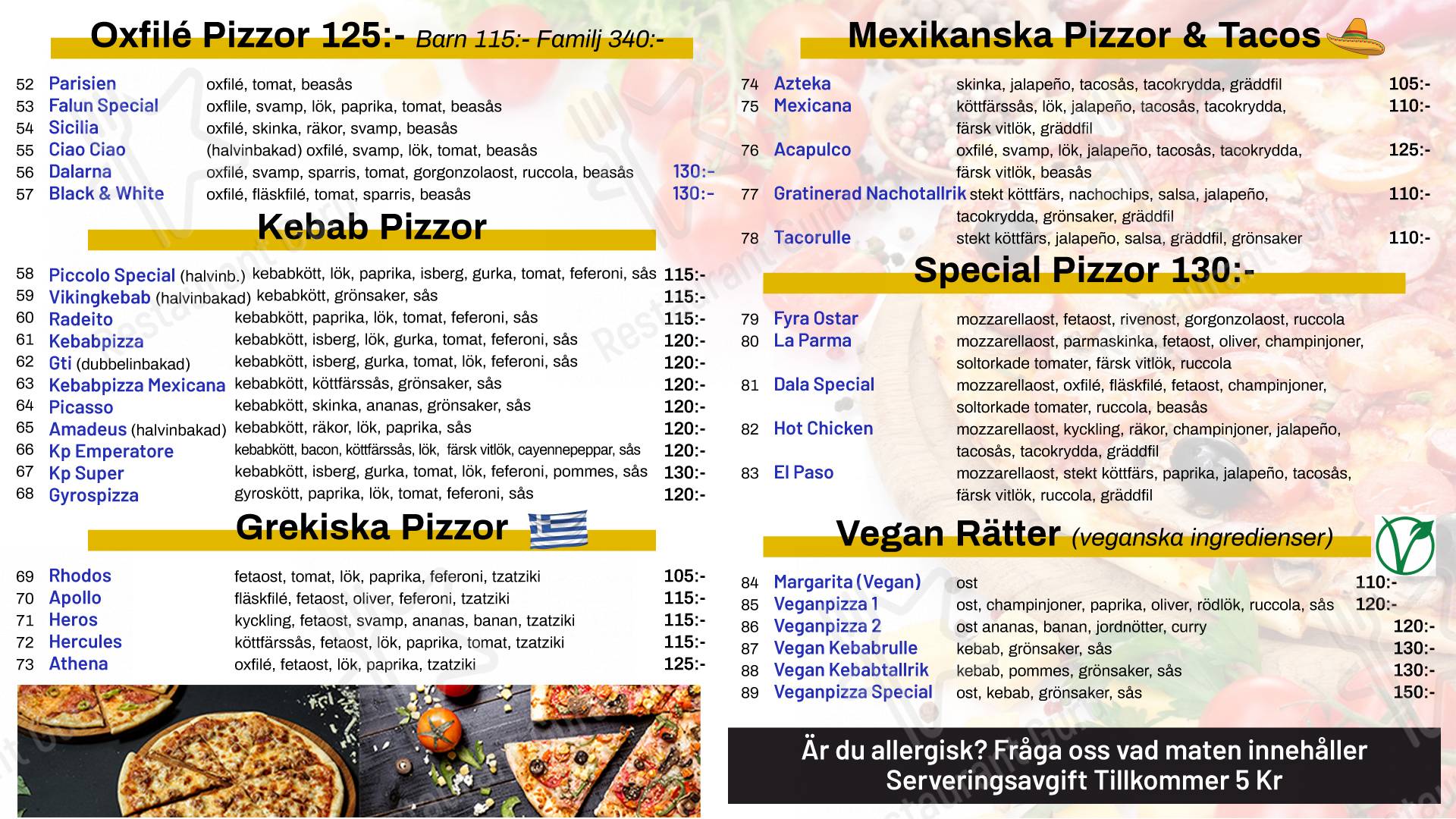Menu at Pizzeria Piccolo Mondo, Falun