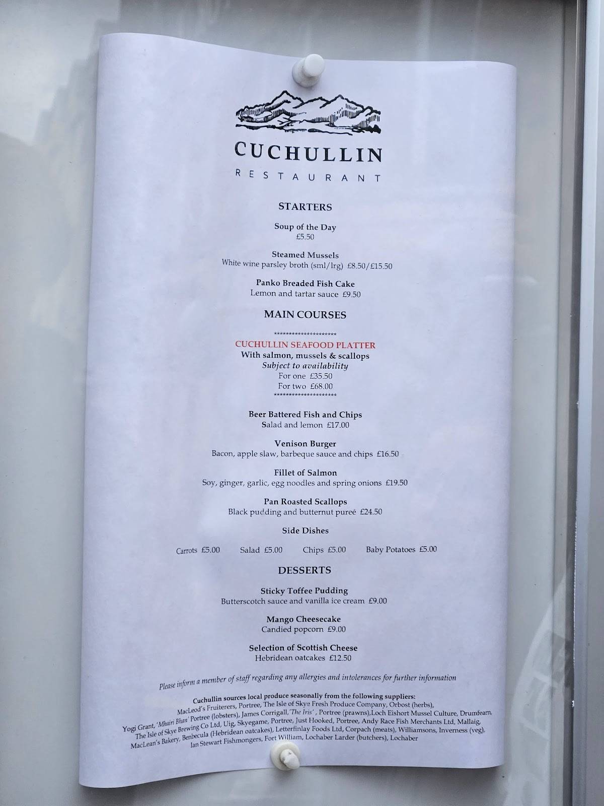 Menu at Cuchullin Restaurant, Portree