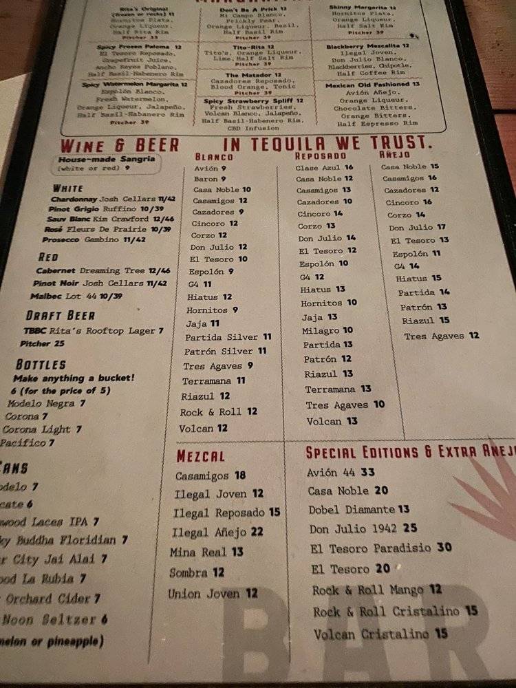 Menu at Bar Rita, Fort Lauderdale