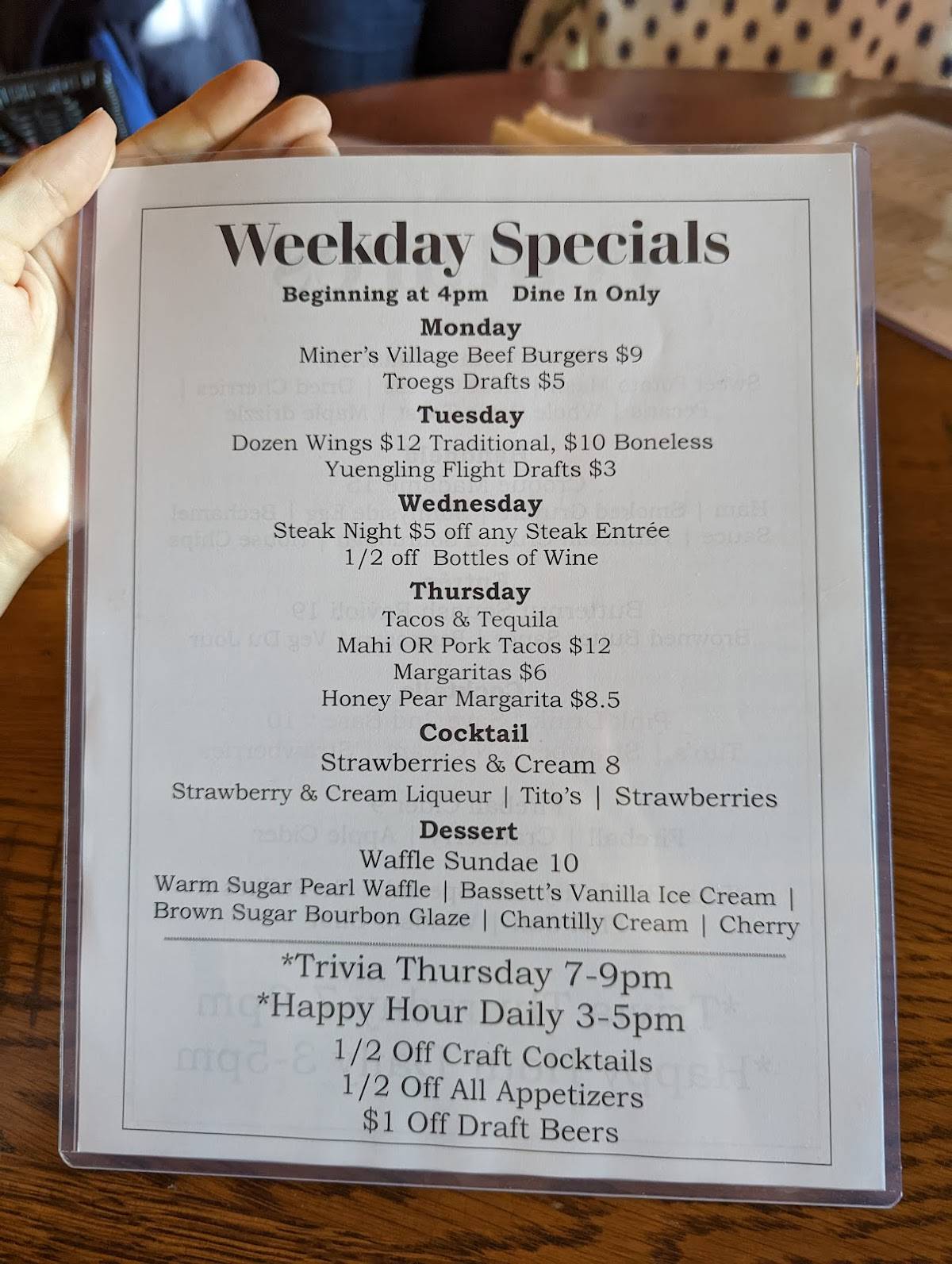 Menu at Blue Bird Inn restaurant, Lebanon