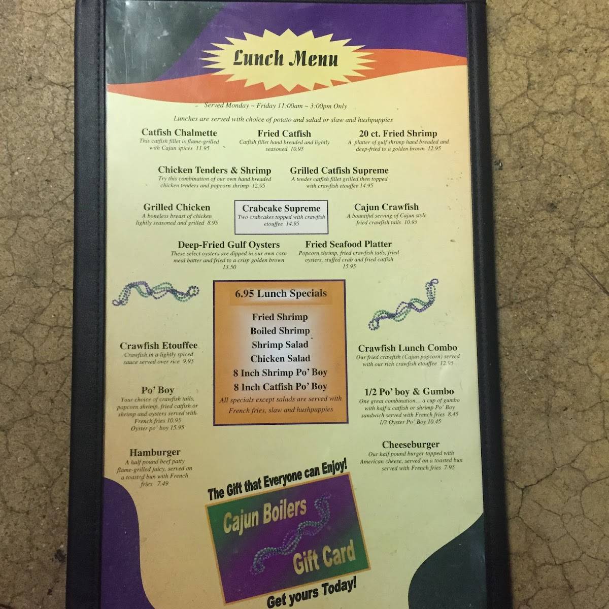 Menu at Cajun Boilers pub & bar, Hot Springs