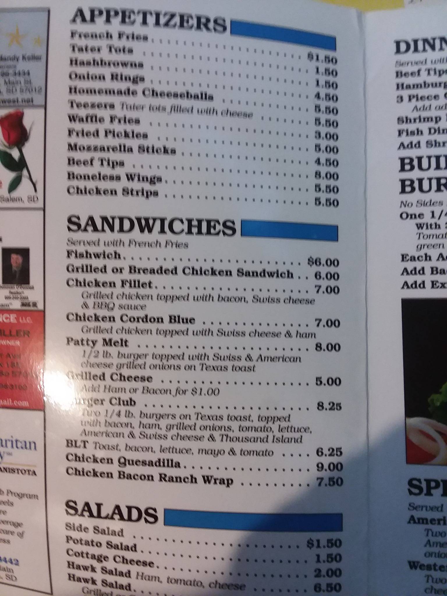 Menu at Hawks Nest Cafe & Tavern, Canistota