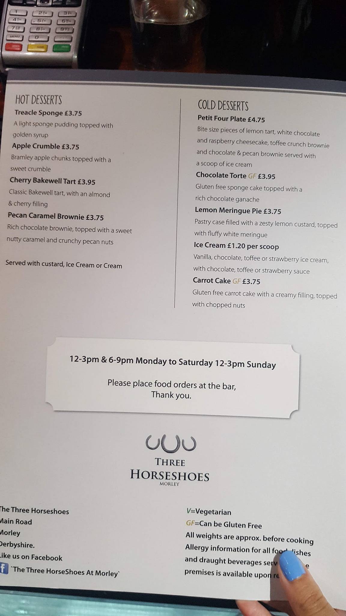Menu at Three Horseshoes pub &amp; bar, Morley, Main Road