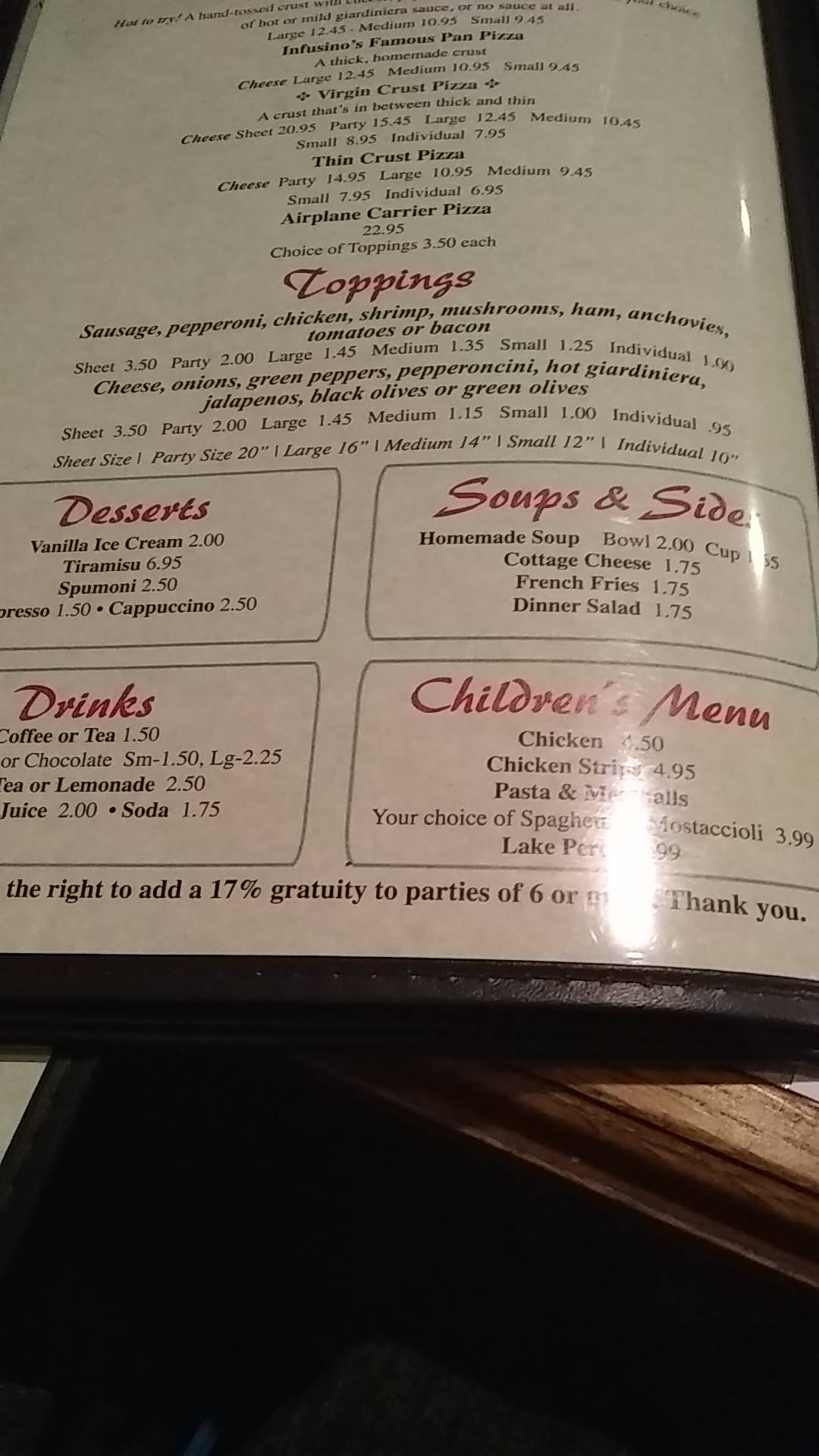 Menu at Infusino's Restaurant & Pizzeria, Racine