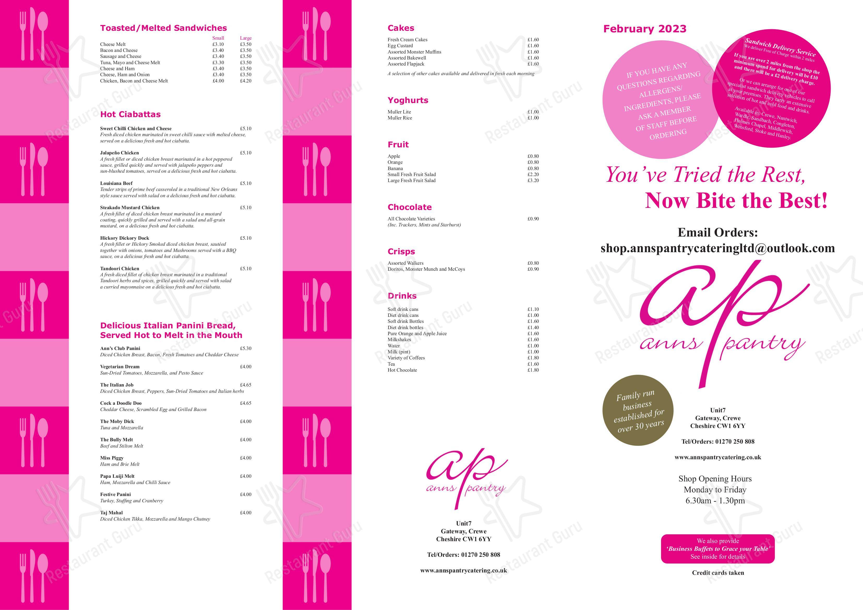 Menu at Ann's Pantry Catering Ltd, Crewe