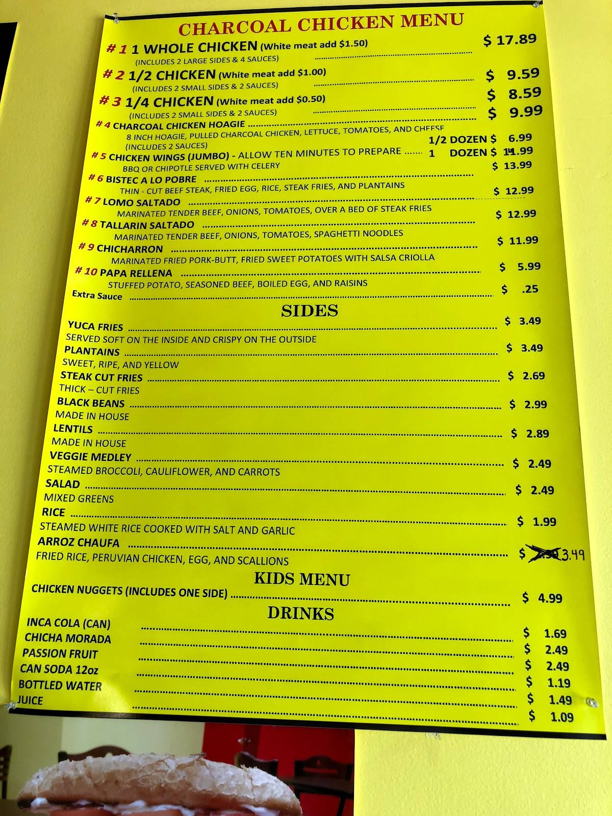 Menu at CHARCOAL CHICKEN Pollo A La Brasa restaurant, Virginia Beach