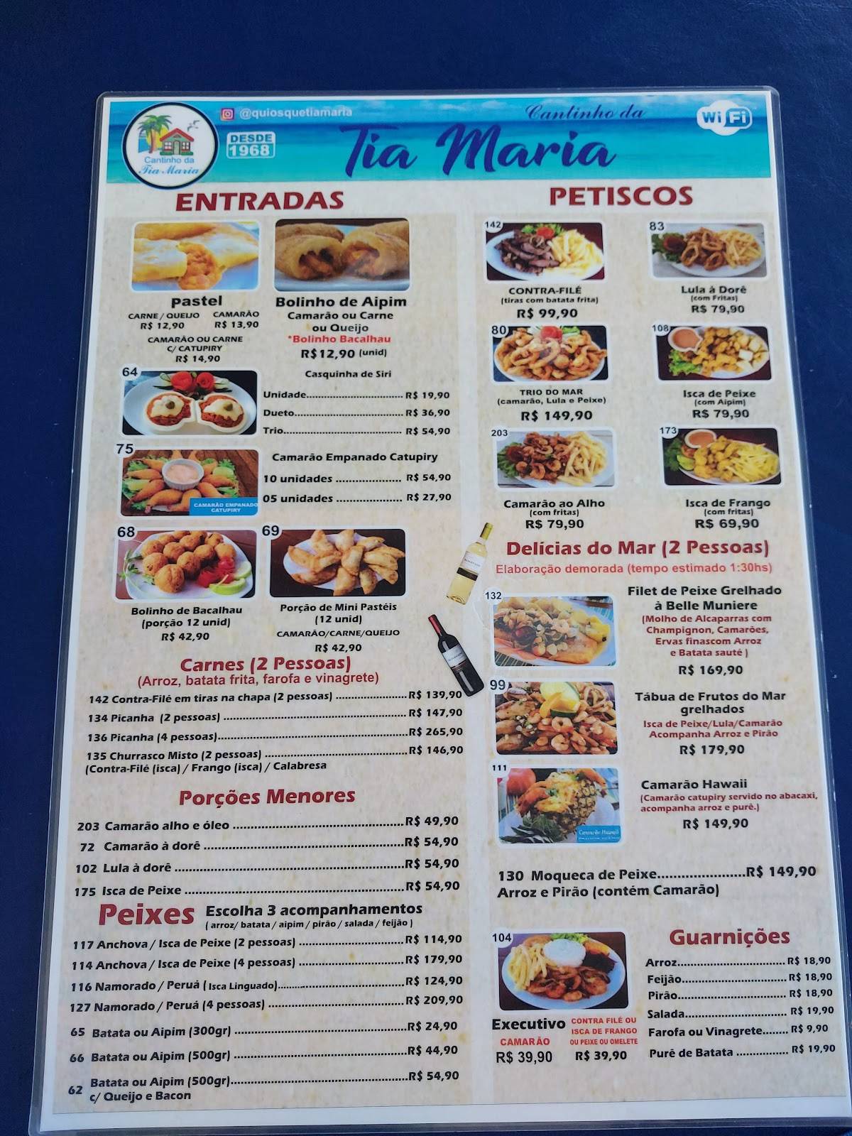 Menu at Cantinho da Tia Maria restaurant, Cabo Frio