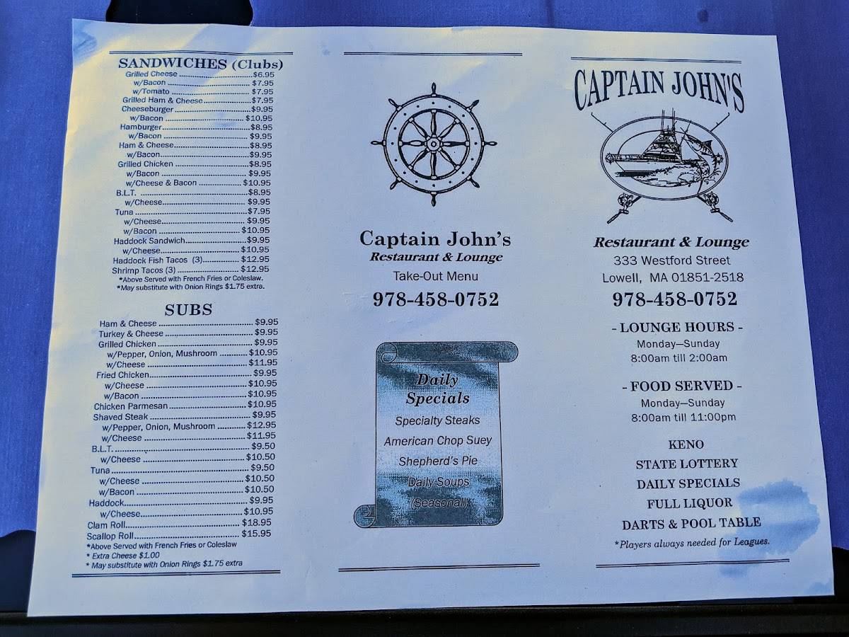 Menu at Captain John's restaurant, Lowell, 333 Westford St