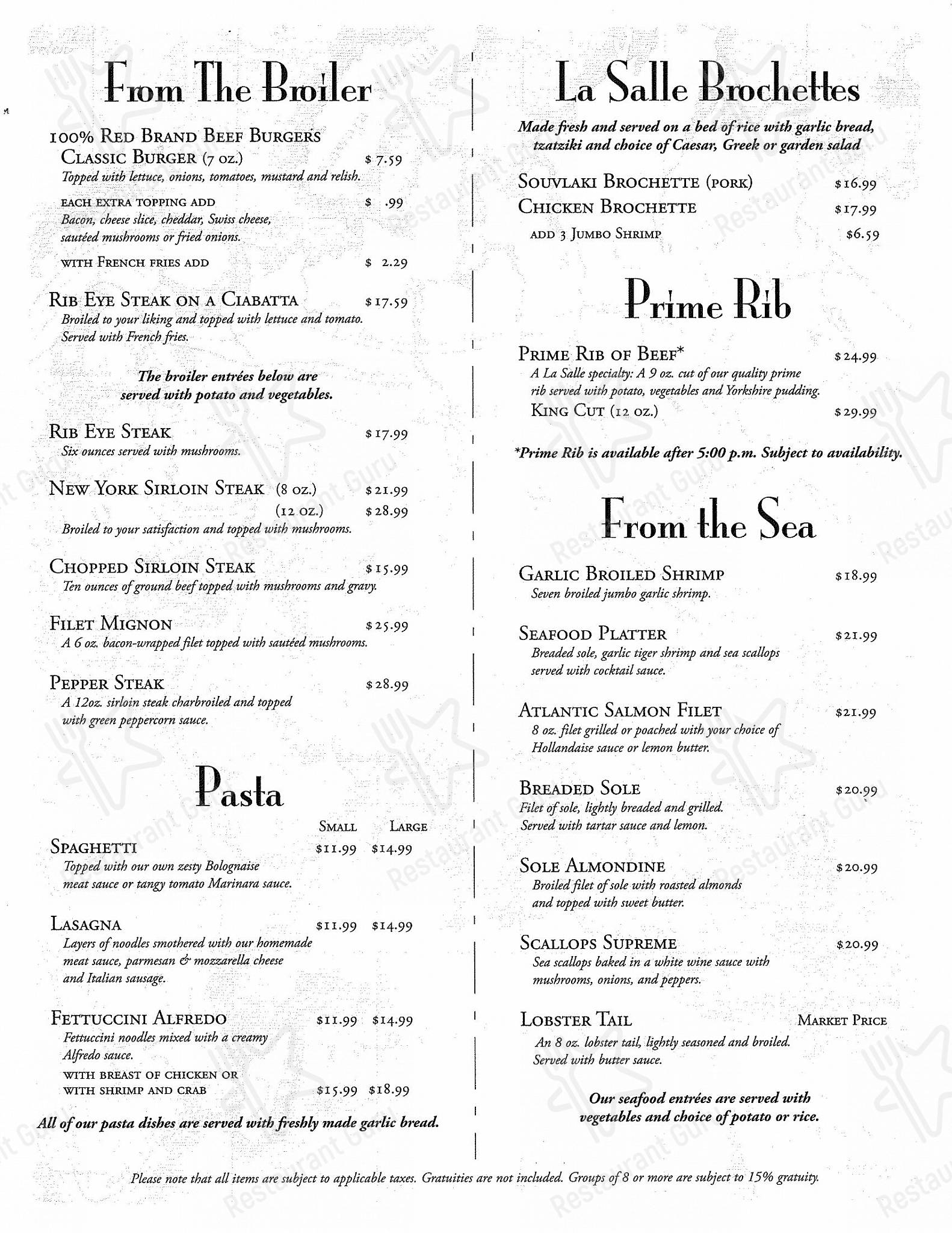 Menu au Cavelier Room restaurant, Kingston