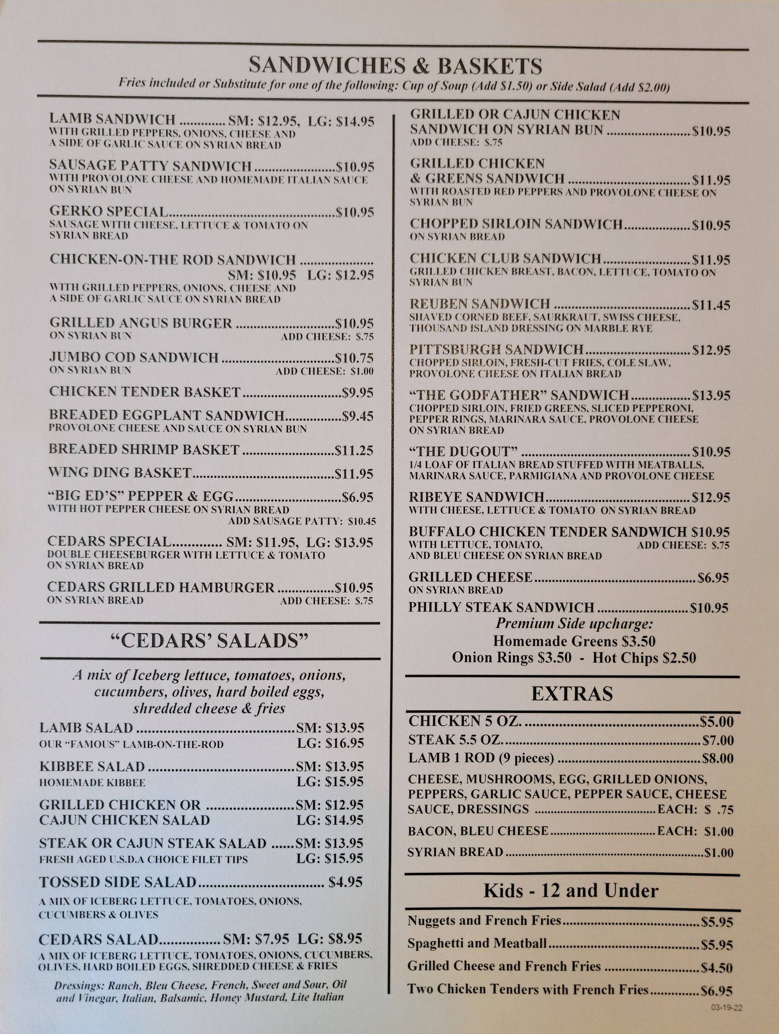Menu at Cedars restaurant, New Castle