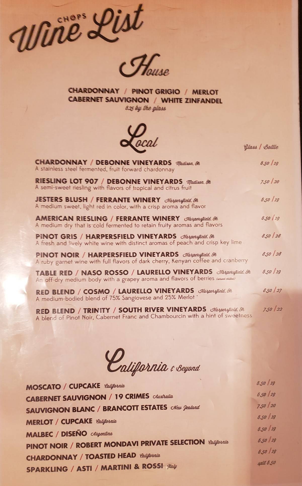 Menu at Chops Grille & Tap House restaurant, Geneva, S Broadway