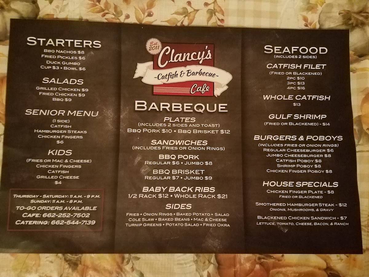 Menu at Clancy's Cafe, Red Banks, 4078 MS178