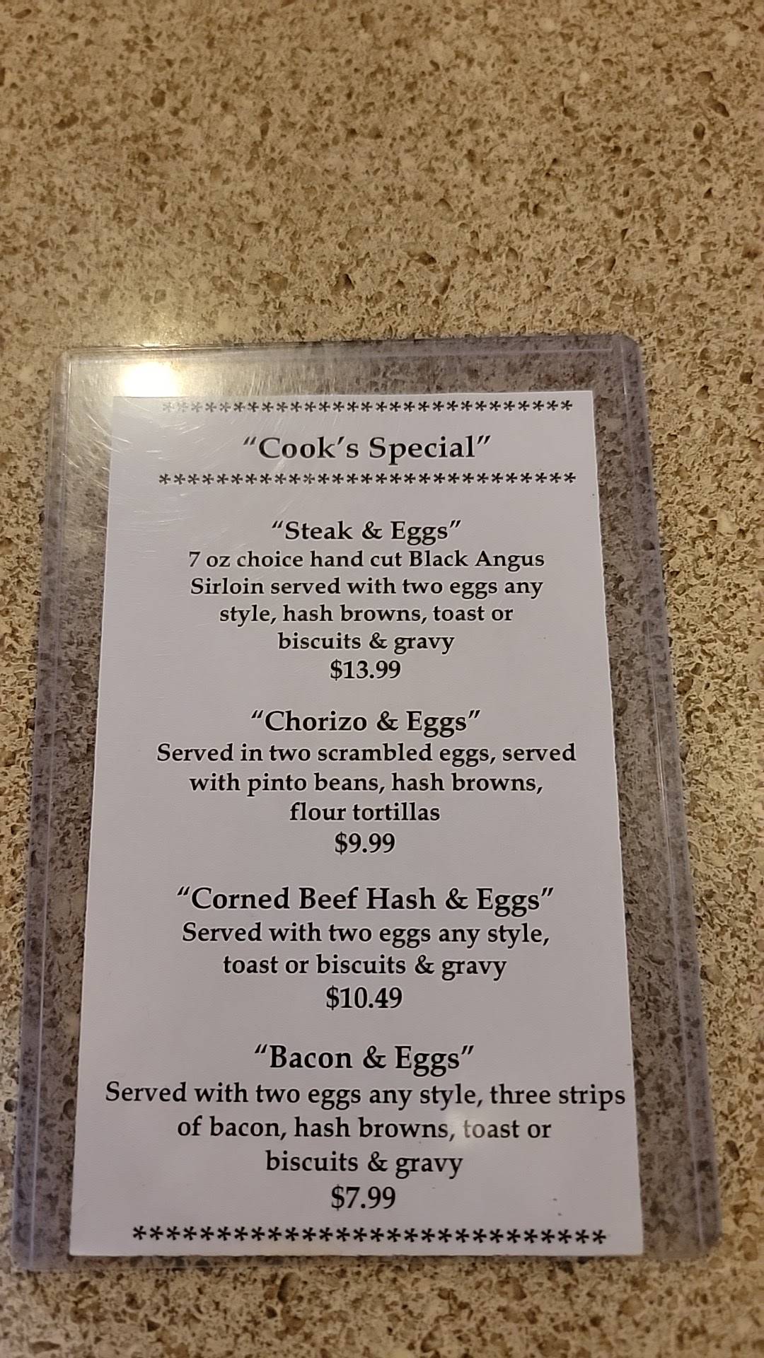 Menu at Cook's Restaurant, Clovis