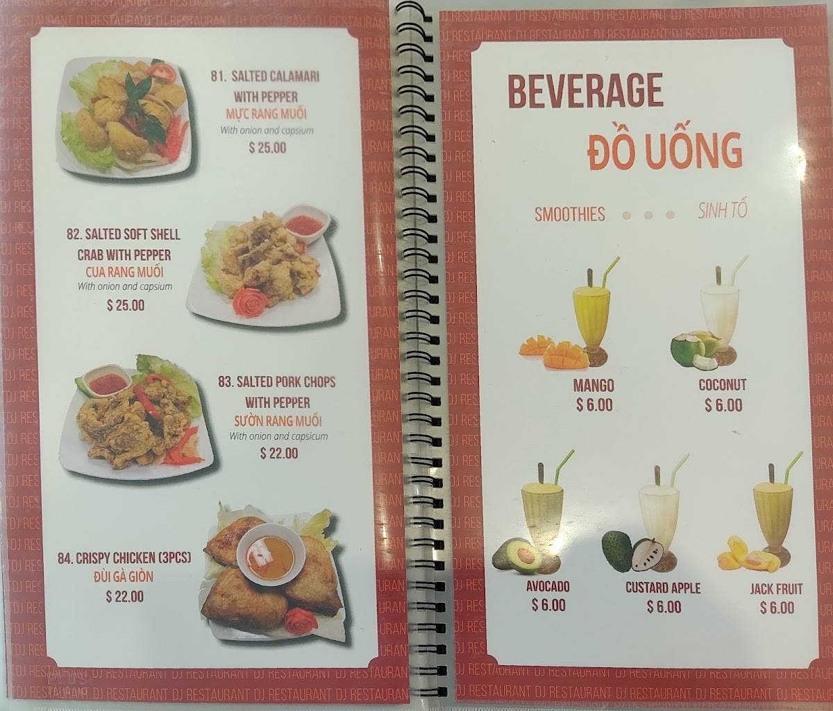 Menu at DJ Vietnamese Pho restaurant, Ingleburn