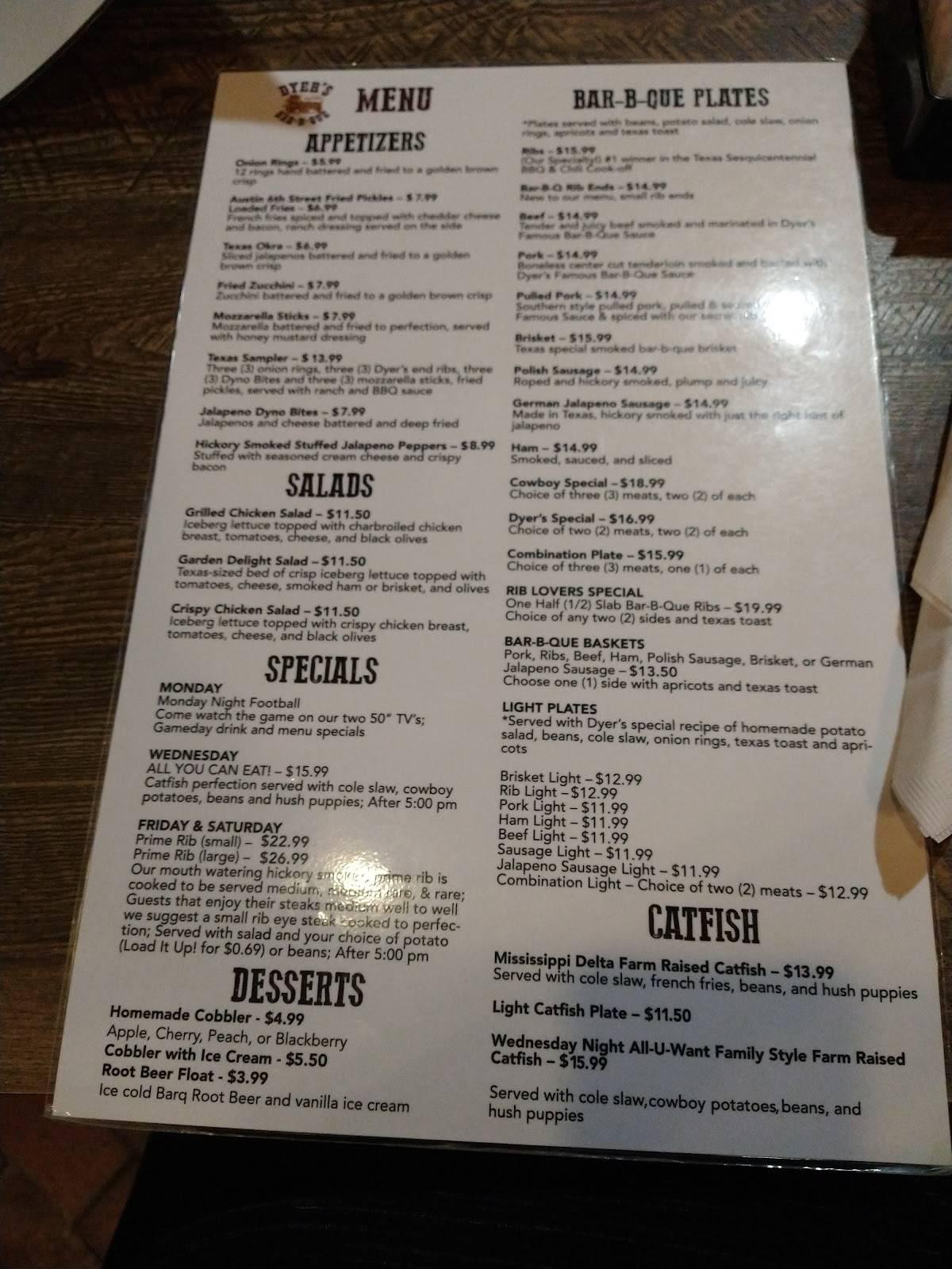 Menu at Dyer's BarBQue, Amarillo, S Kentucky St E 526