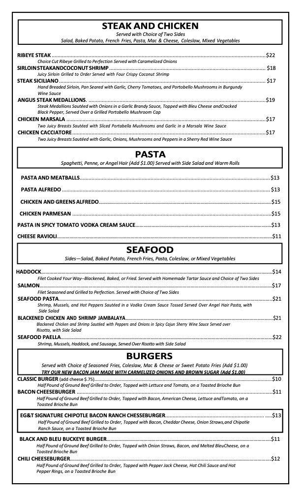 Menu at Eagle Grille & Tavern restaurant, Hubbard