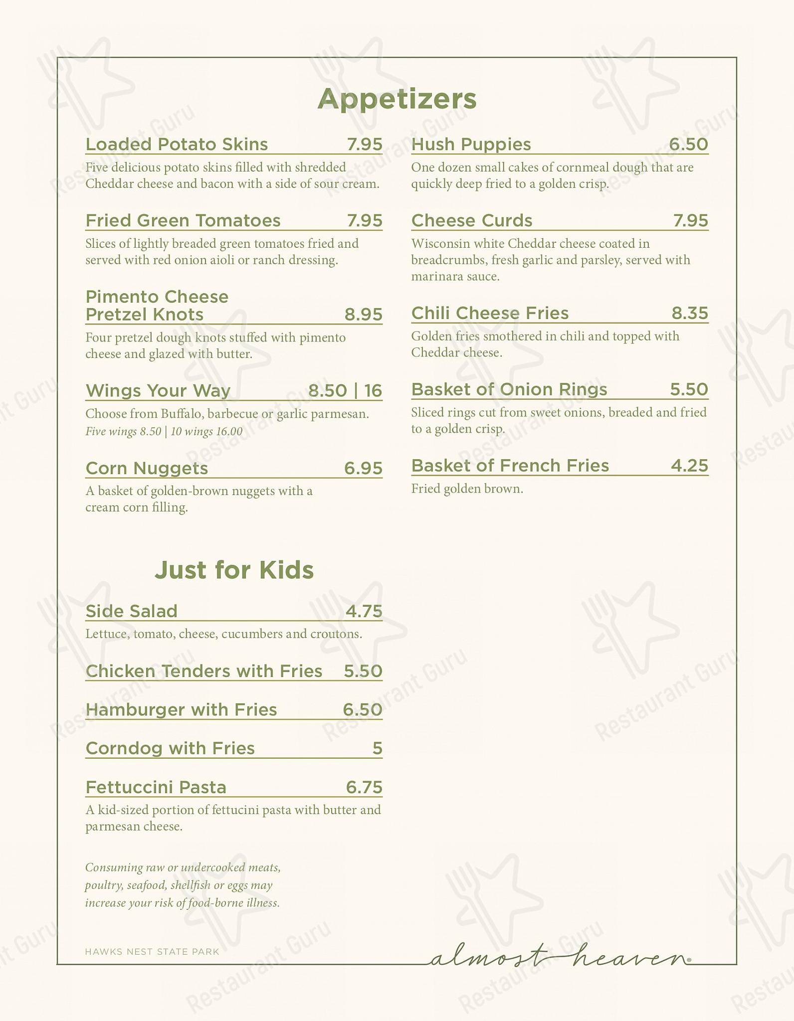 Menu at Hawks Nest State Park restaurant, Ansted
