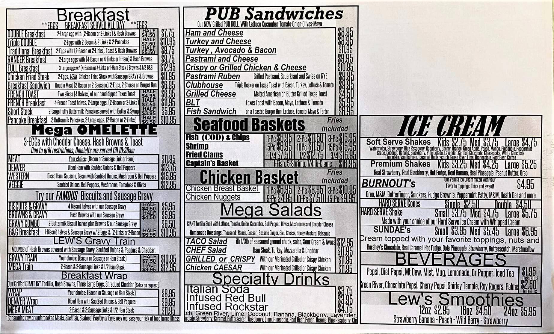 Menu at Lew's DriveIn restaurant, Estacada
