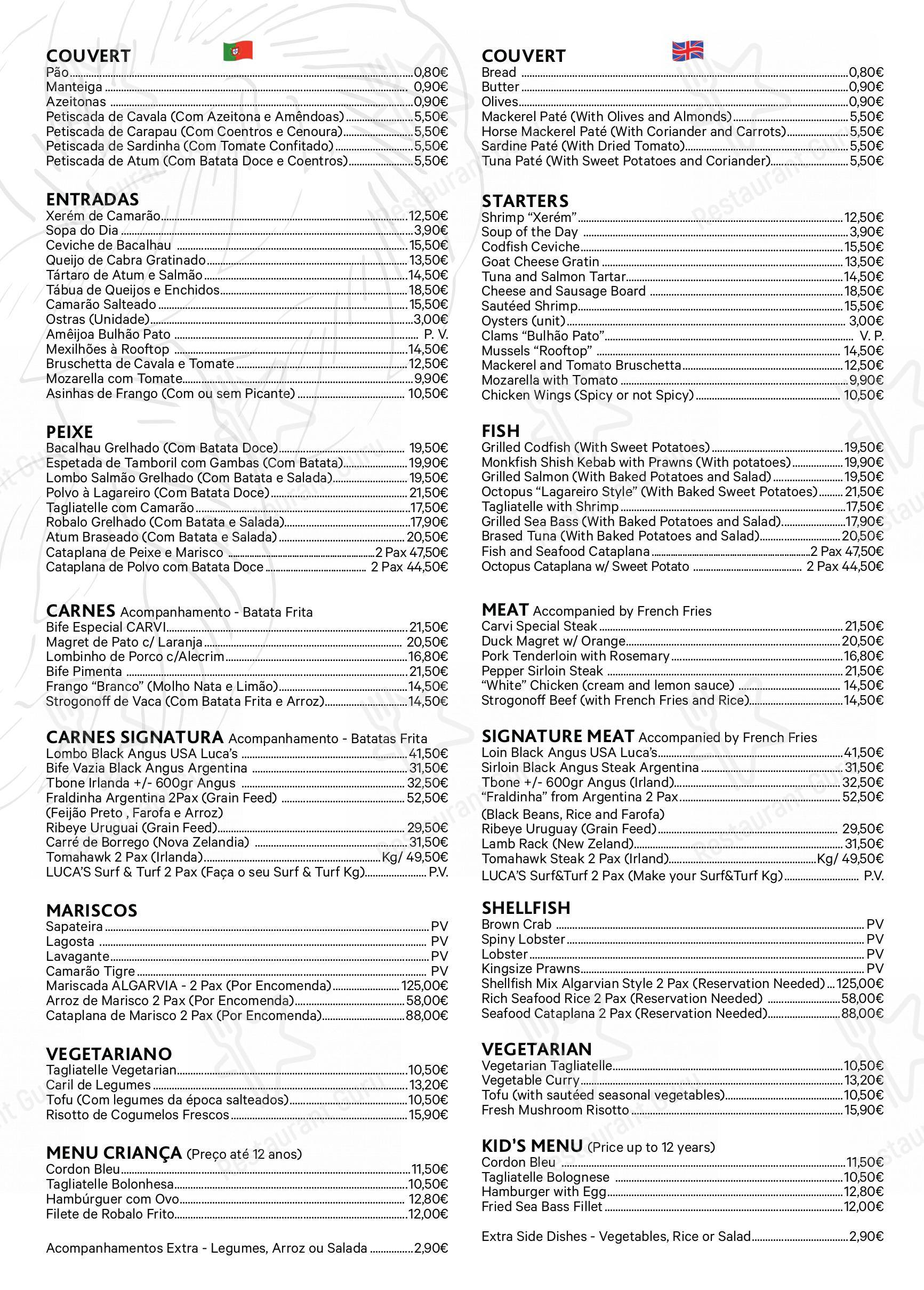 Carta de Luca’s Rooftop Restaurant, Lagos