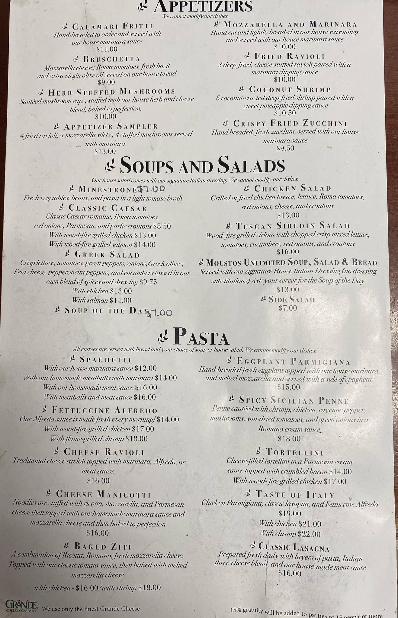 Menu at Moustos Pasta & Grill restaurant, Paris