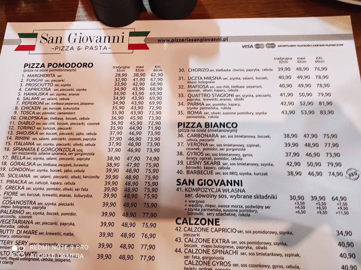 Меню Pizzeria San Giovanni - pizza na telefon Ursus, Варшава, Aleksandra  Prystora 4/lok.U8