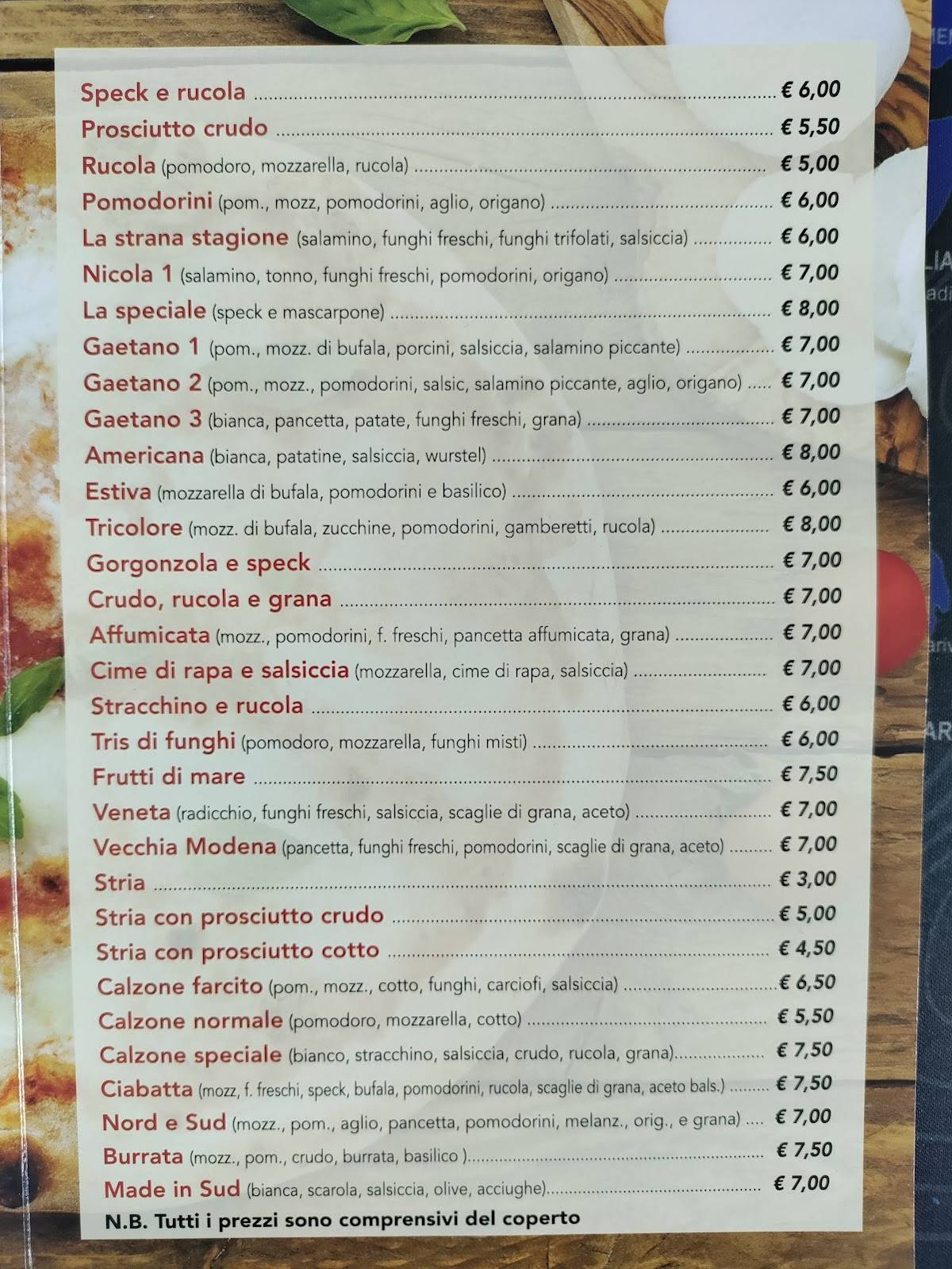 Menu Da Pizzeria Santa Lucia Bomporto