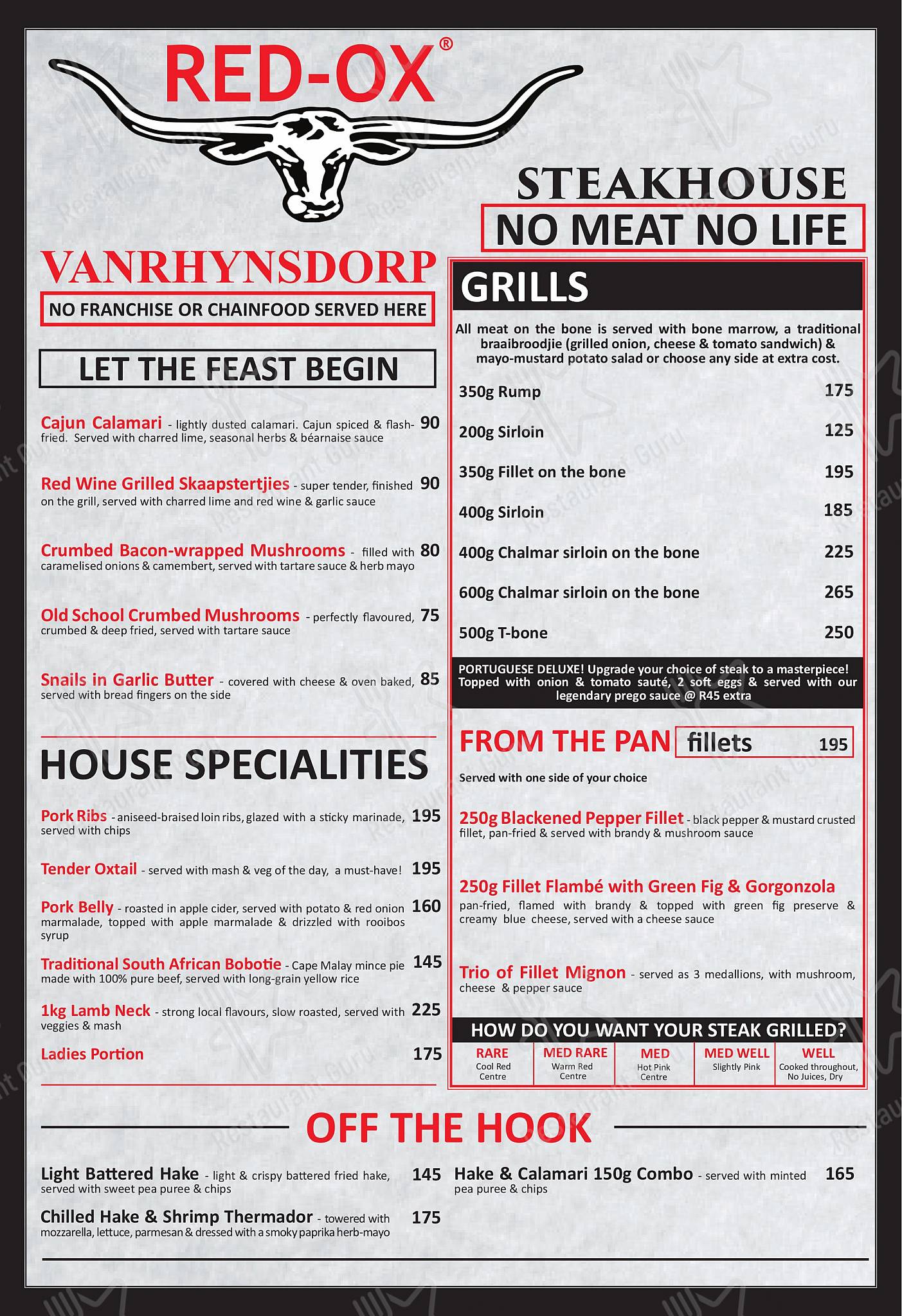 Menu at Red Ox Steakhouse Vanrhynsdorp, Vanrhynsdorp