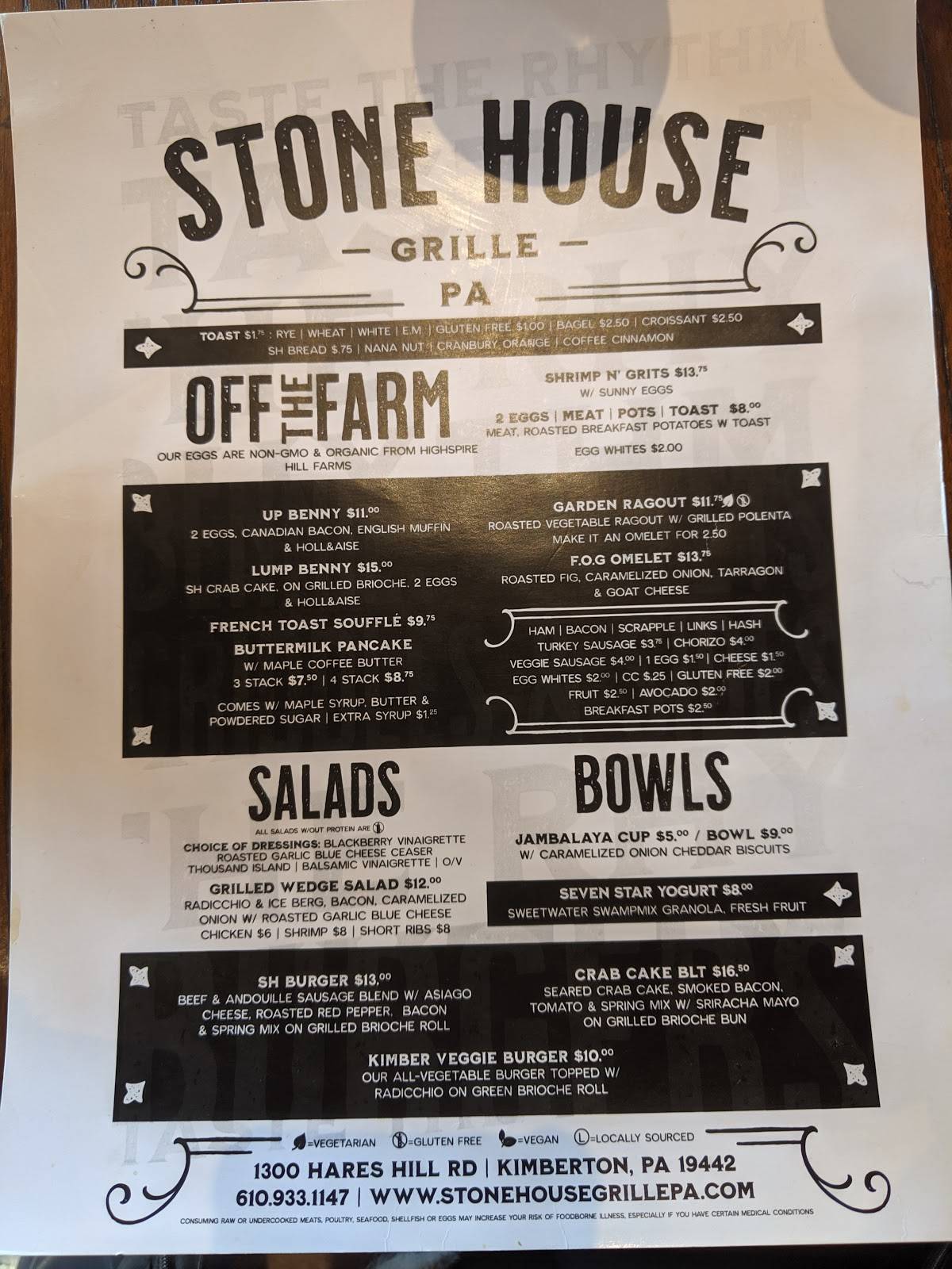 Menu at Stone House Grille restaurant, Kimberton, Hares Hill Rd