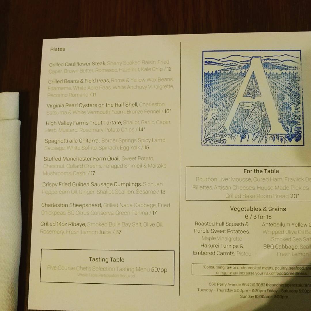 Menu at The Anchorage restaurant, Greenville