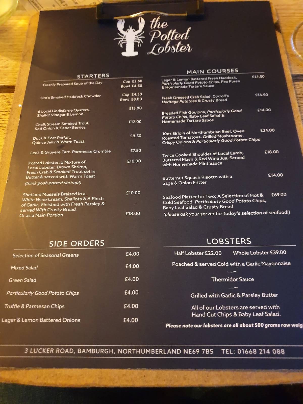 Menu at The Potted Lobster Bamburgh restaurant, Bamburgh