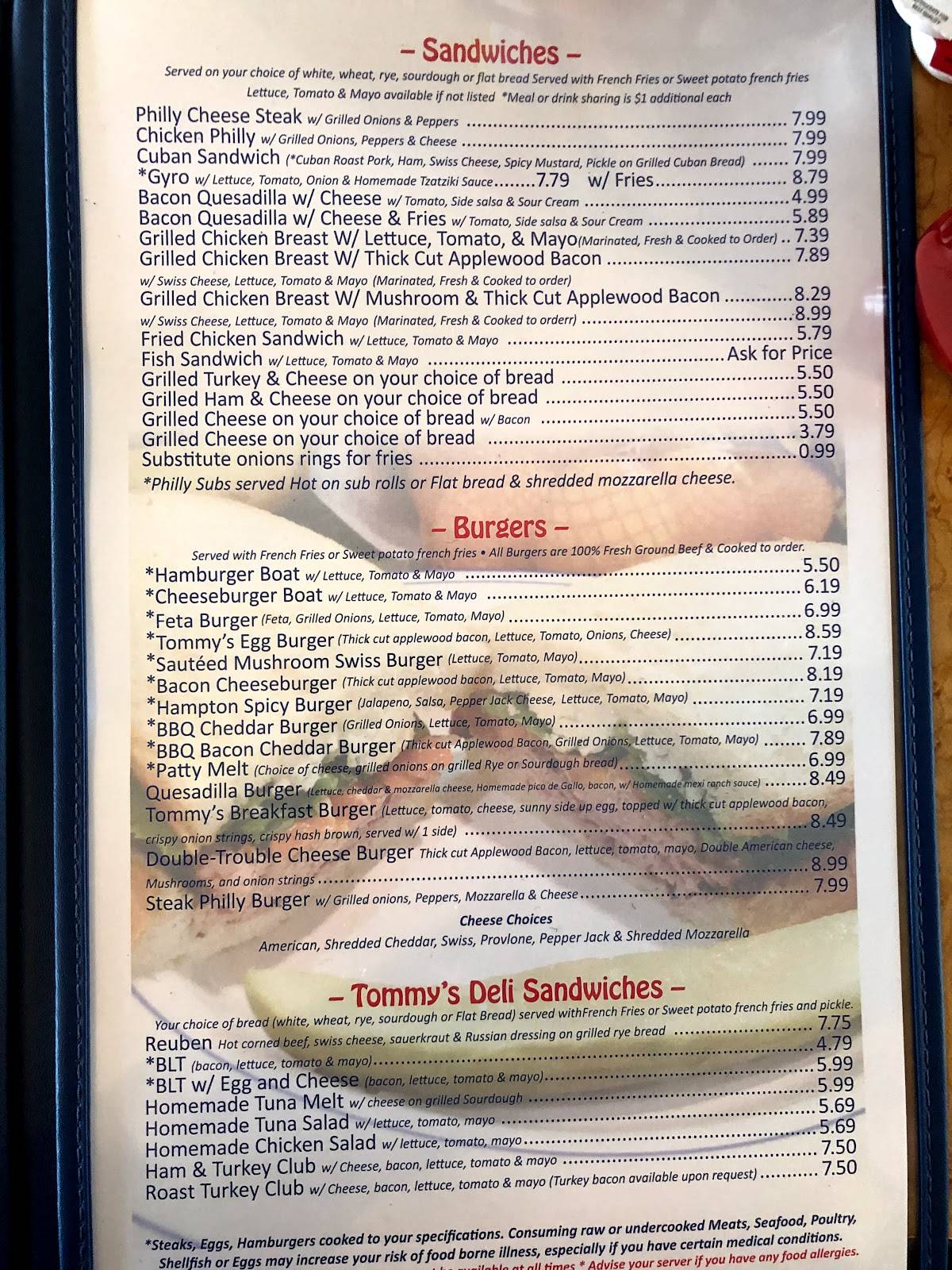 Menu at Tommy's Restaurant, Hampton