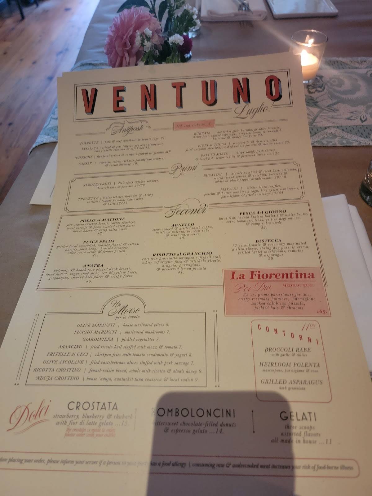 Menu at Ventuno Restaurant, Nantucket