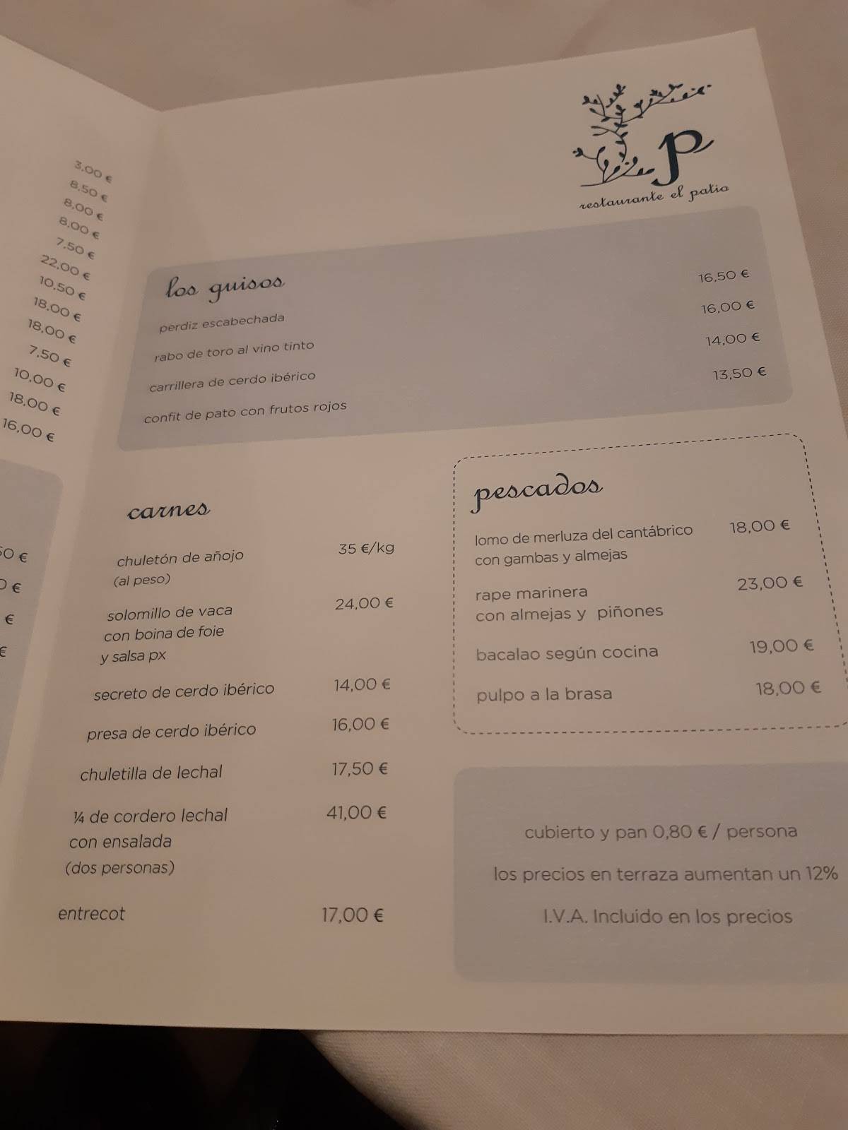 Carta de Restaurante El Patio, Ayllón