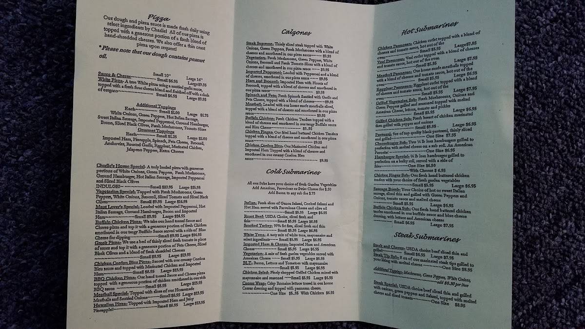 Menu at Charlie's of Rochester pizzeria, Rochester