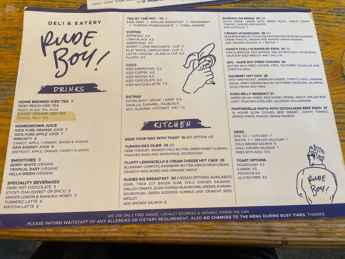 Menu at Rude Boy Deli & Eatery restaurant, Auckland