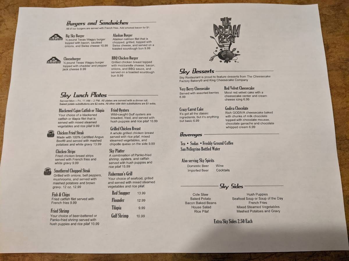 Menu at Sky Restaurant, Victoria