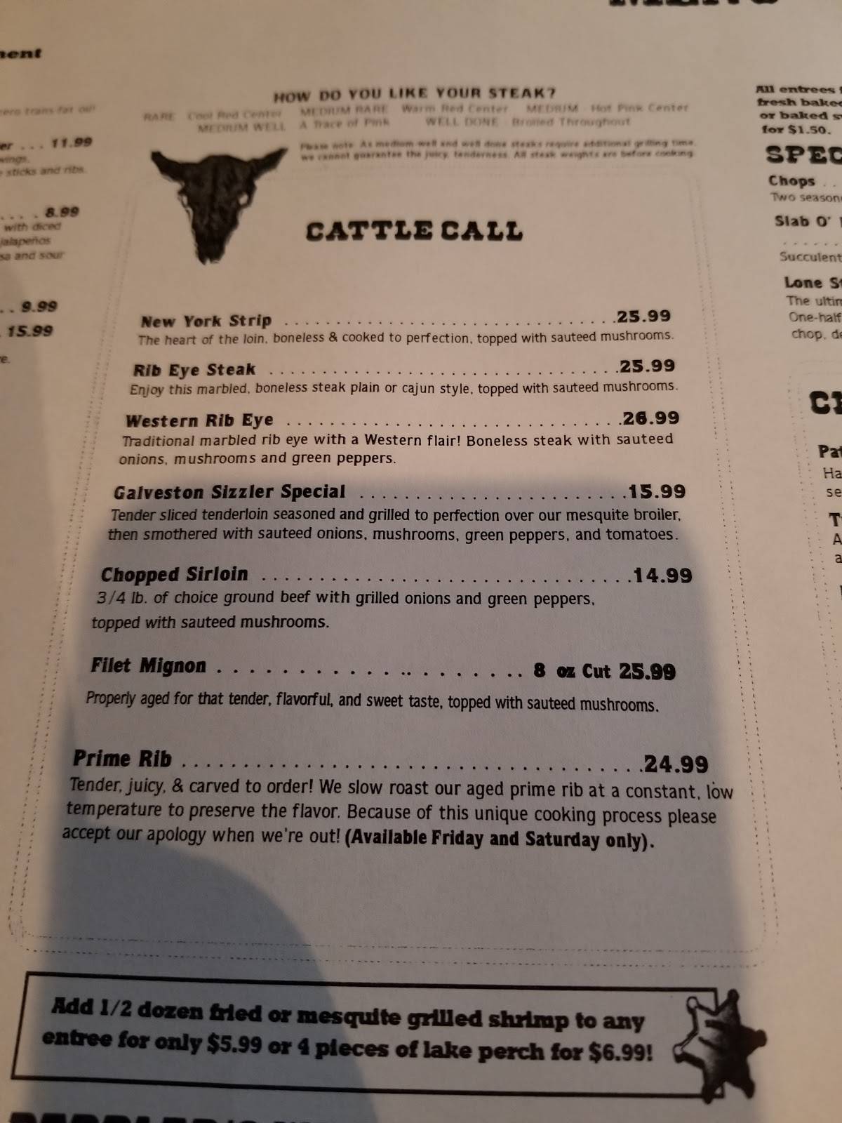 Menu at Galveston Steakhouse, Michigan City