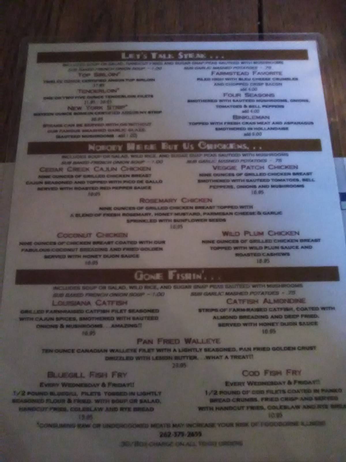 Menu at The Farmstead steakhouse, Cedarburg