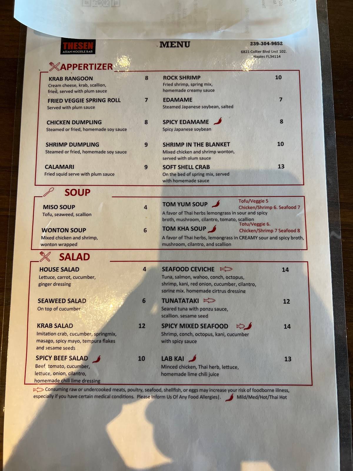 Menu at THESEN ASIAN NOODLE BAR, Naples Manor
