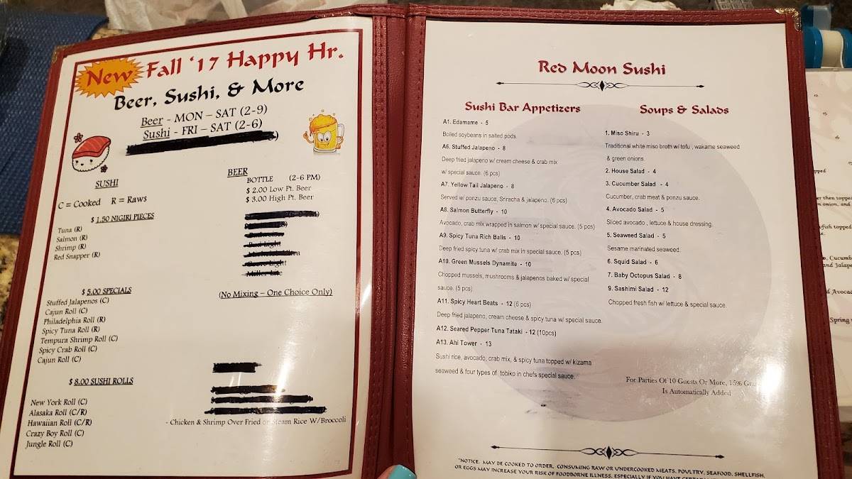 Menu at Red Moon restaurant, Tahlequah