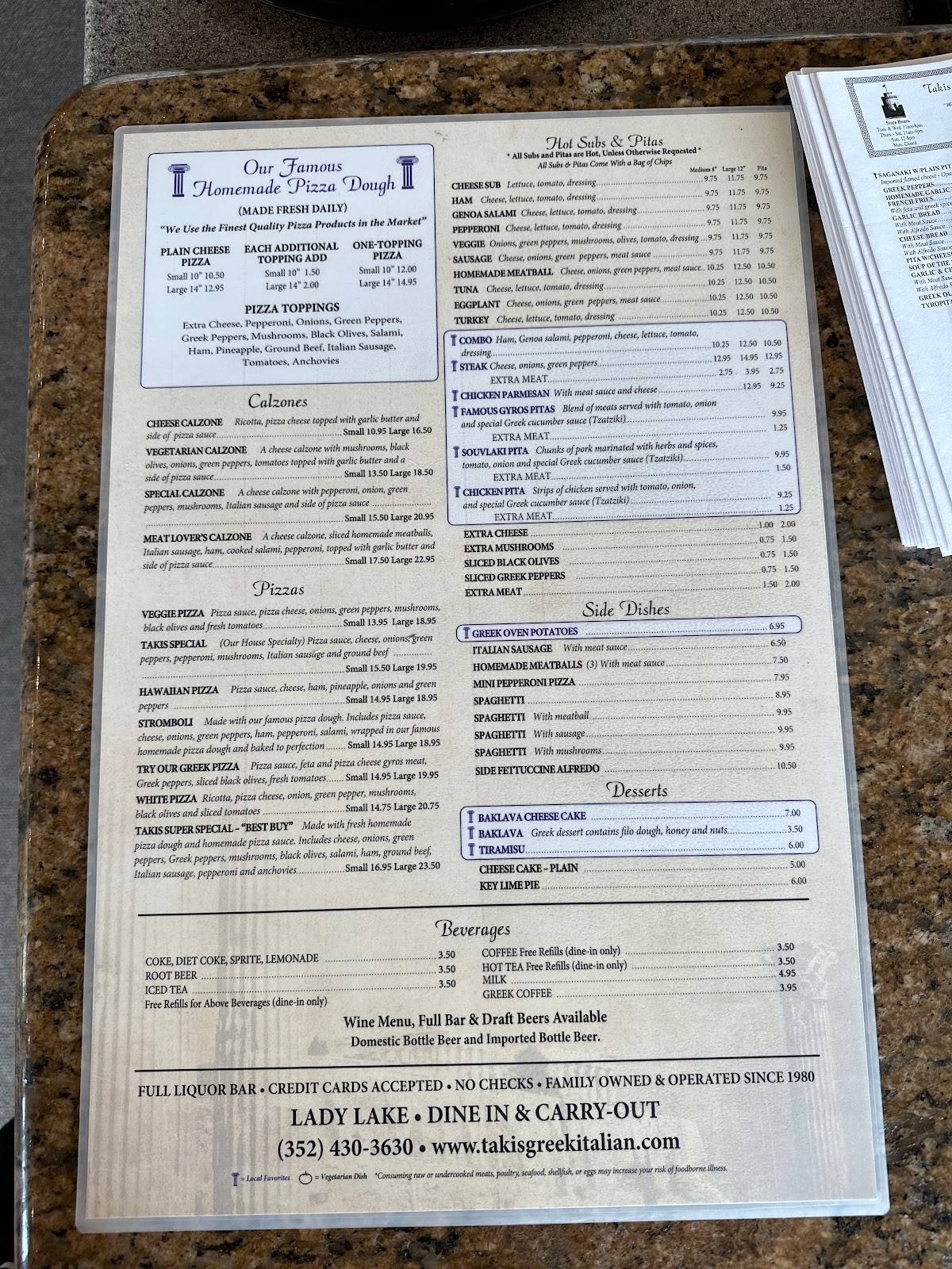 Menu at Takis Greek-Italian Restaurant, The Villages, US-441