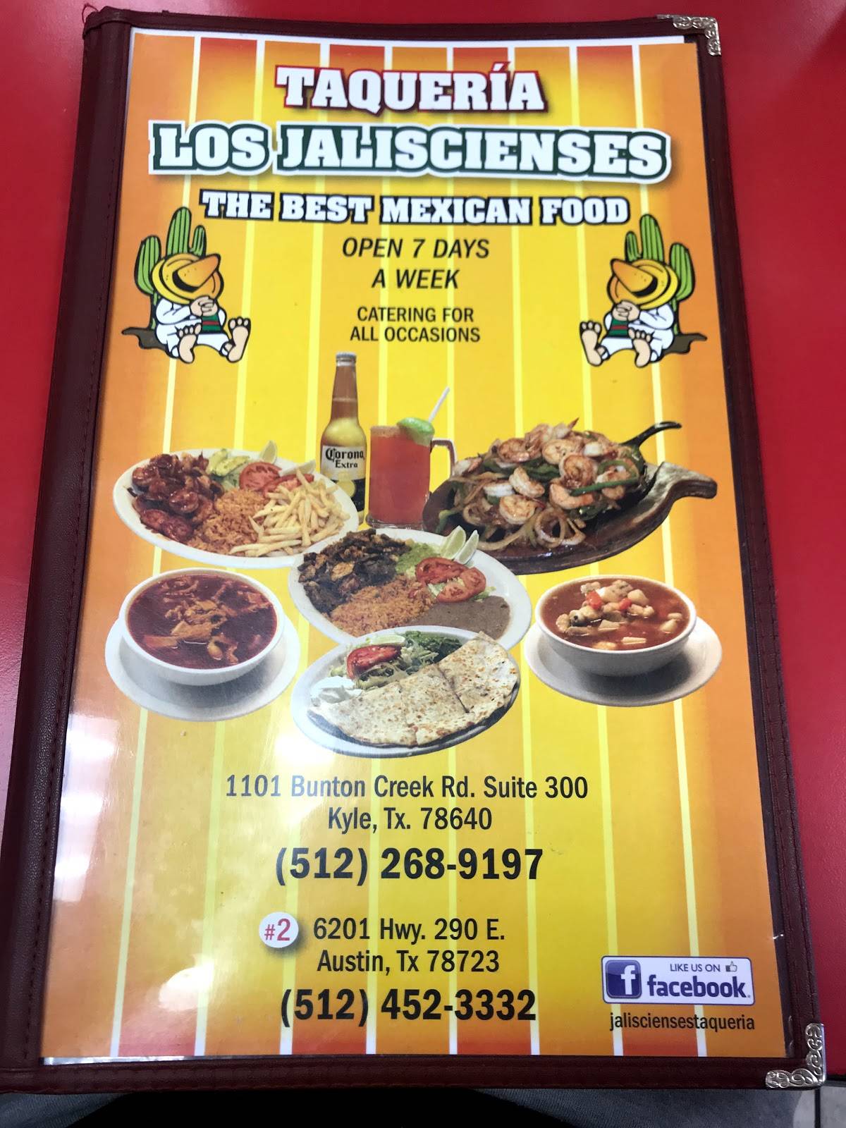 Menu at Taqueria Jaliscienses restaurant, Kyle