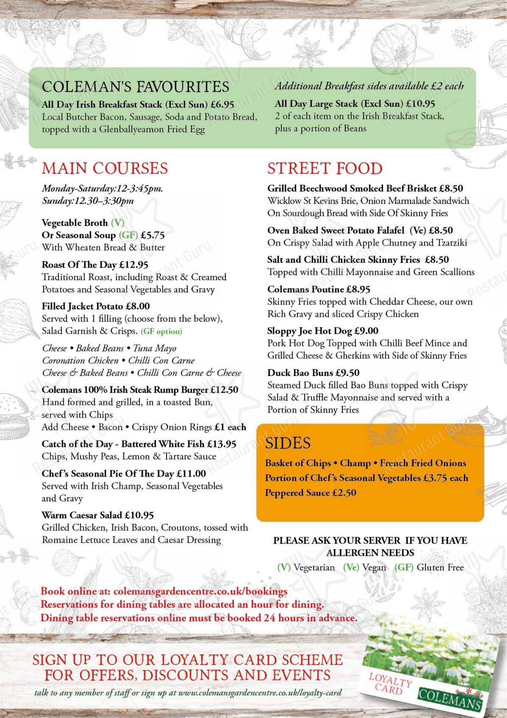 Menu at Coleman's Garden Centre cafe, Templepatrick